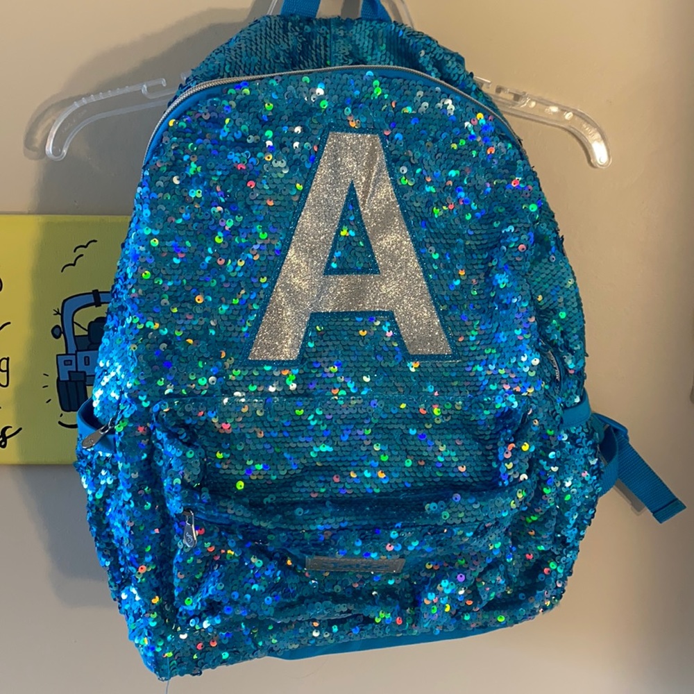 Justice blue sequins Letter A backpack